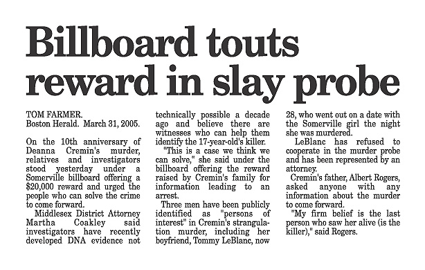 Deanna Cremin murder | Billboard touts Reward! in slay probe...