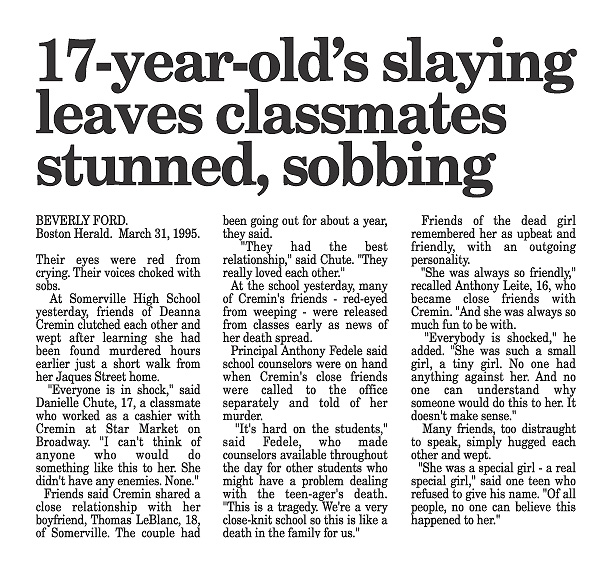 Deanna Cremin murder | 17 year-old's slaying leaves Classmates stunned, sobbing...